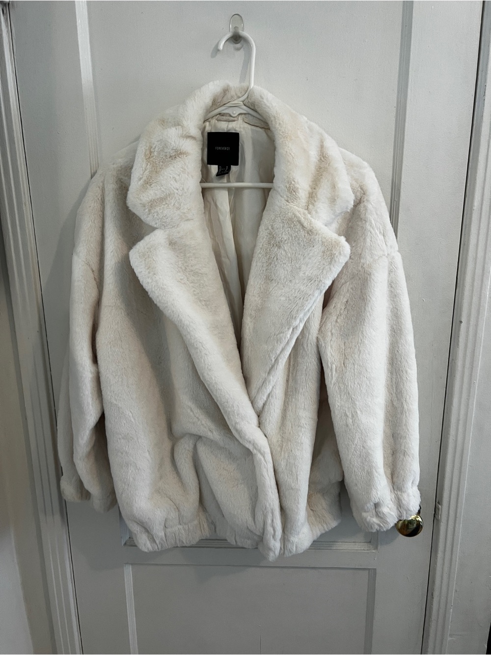 Forever 21 Plush Faux-Fur Jacket with leather fringe in Cream